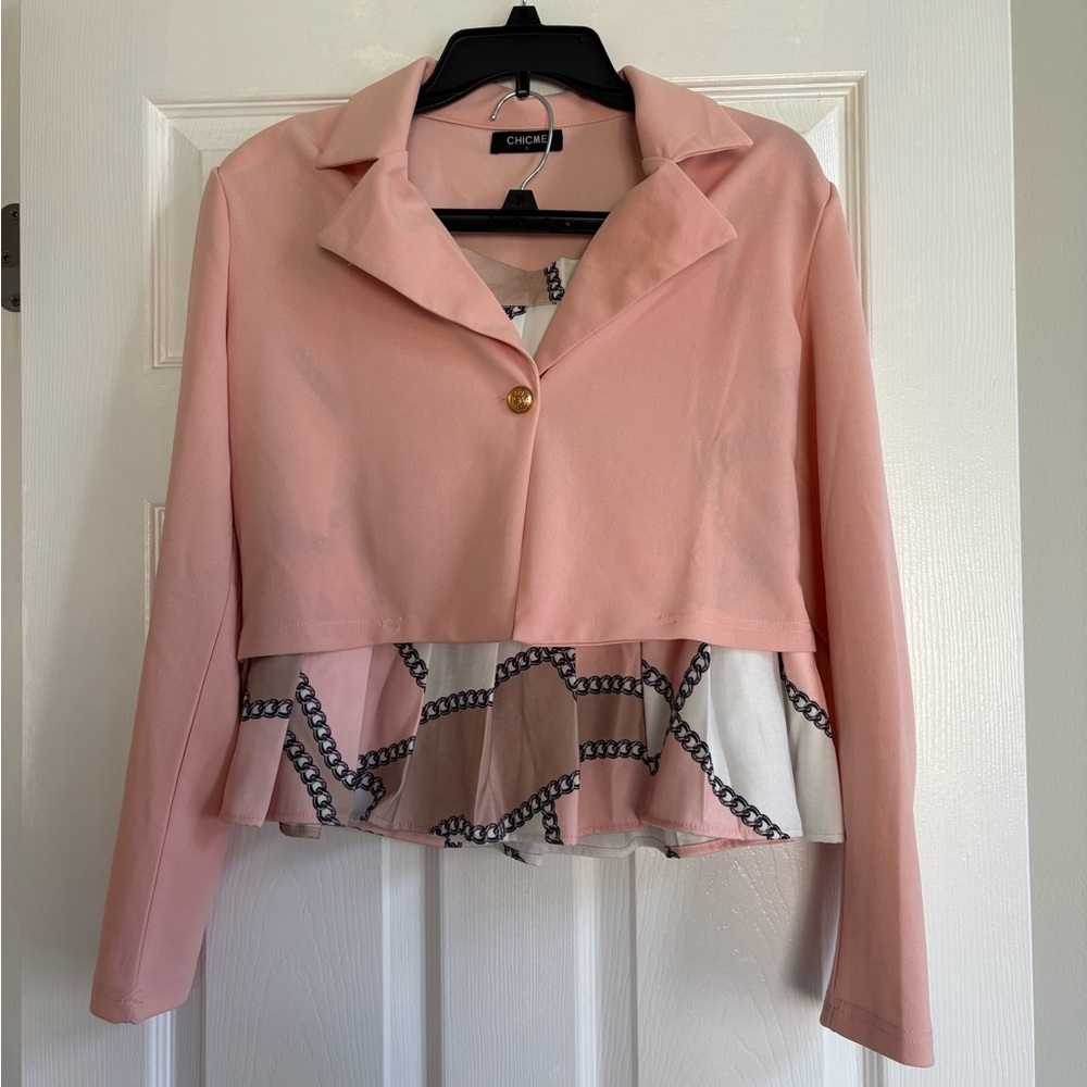 Chic Pink Blazer and Pleated Skirt